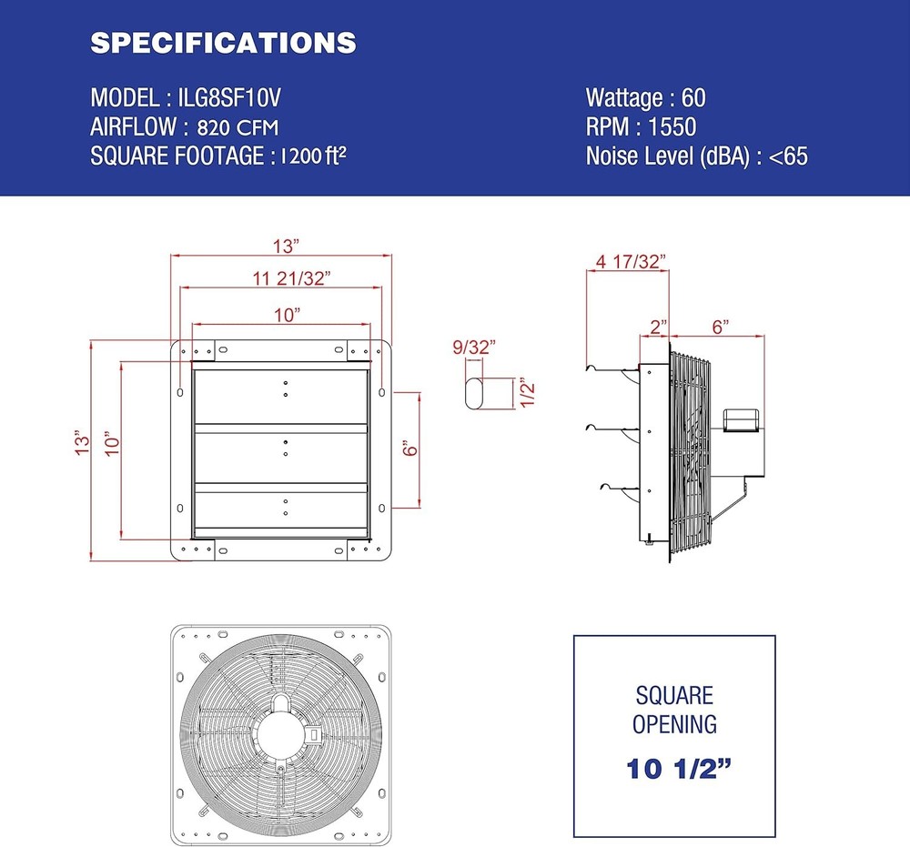 10" Automatic Shutter Wall Fan - Variable Speed Ventilation for Attics & Garages