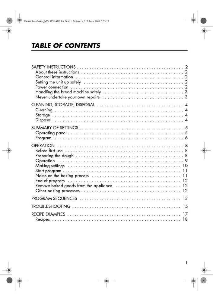 Medion BDA10259AU Bread Machine Owners Manual