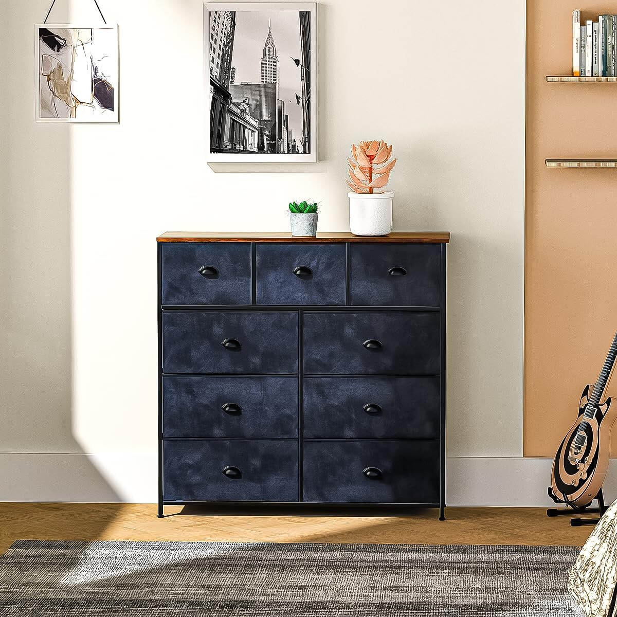 9-Tier Drawers Nightstand Chest Dresser Organizer Storage Bedroom Black Wood