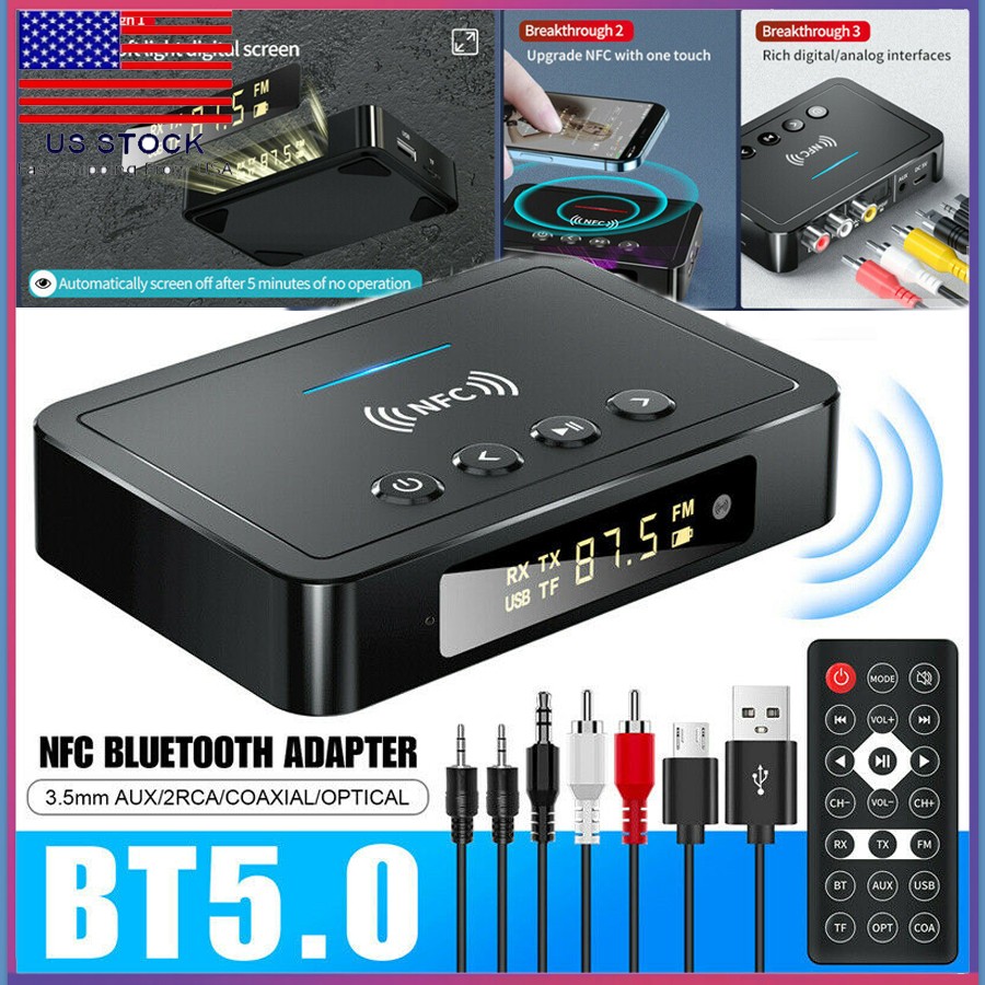 Wireless 3.5mm AUX NFC to 2 RCA Audio Adapter Bluetooth 5.0 Receiver Transmitter