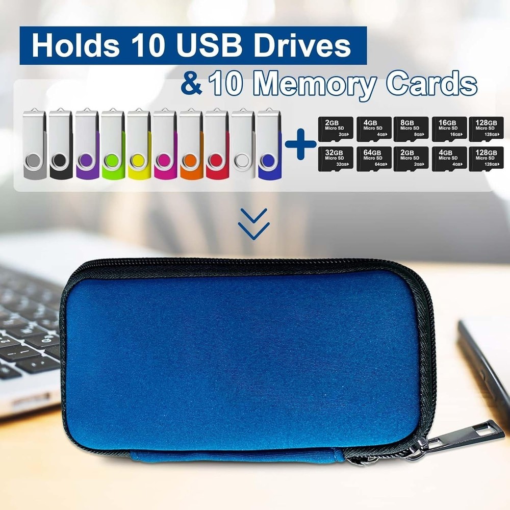 USB Flash Drive Case with 10 USB & 10 Memory Card Slots Blue