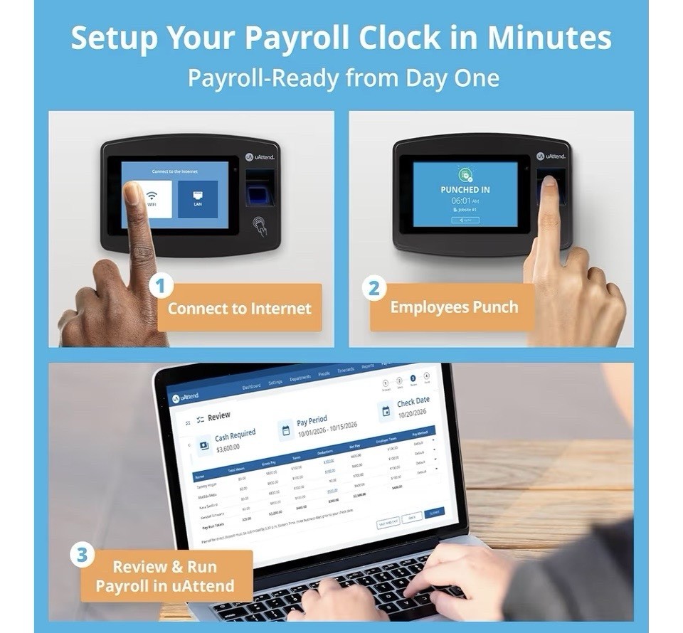 JP2000 Payroll Time Clock, Cloud Payroll Engine w/ Biometric & RFID, $100 Credit