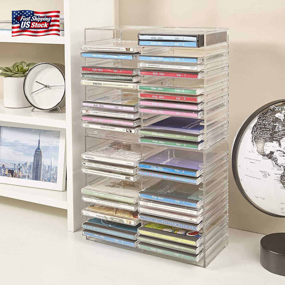 Stori Stackable Clear Plastic CD Organizer with Rubber Feet | Rectangular Jewel