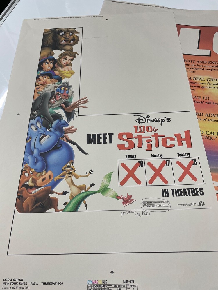 Lilo & Stitch Lot Printer Proof Tear Sheet Ad Pad Printer Proof Sheets B