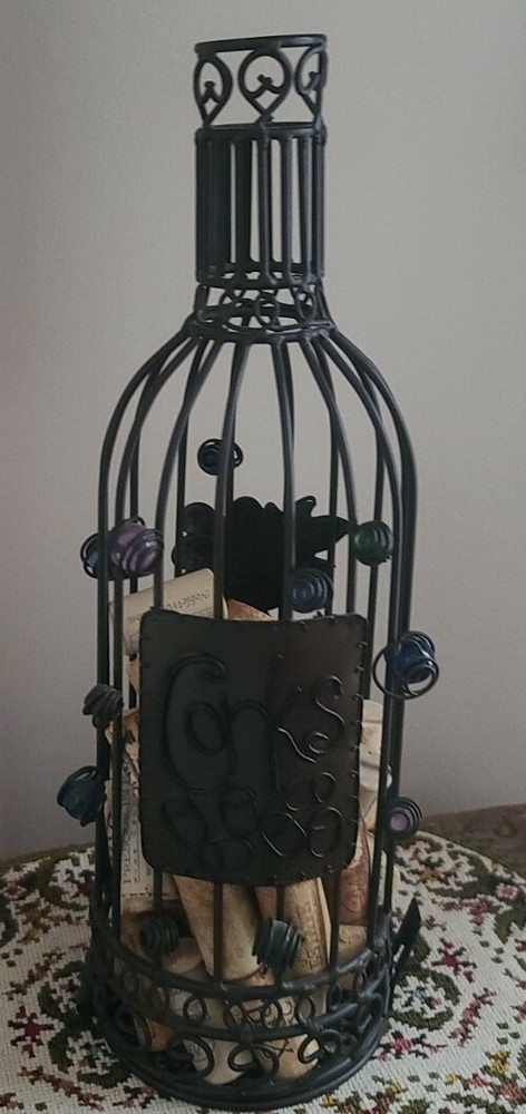 Brown ~ Metal ~ Wine Cork Storage Basket ~ Container ~ Beaded & Leaf Design