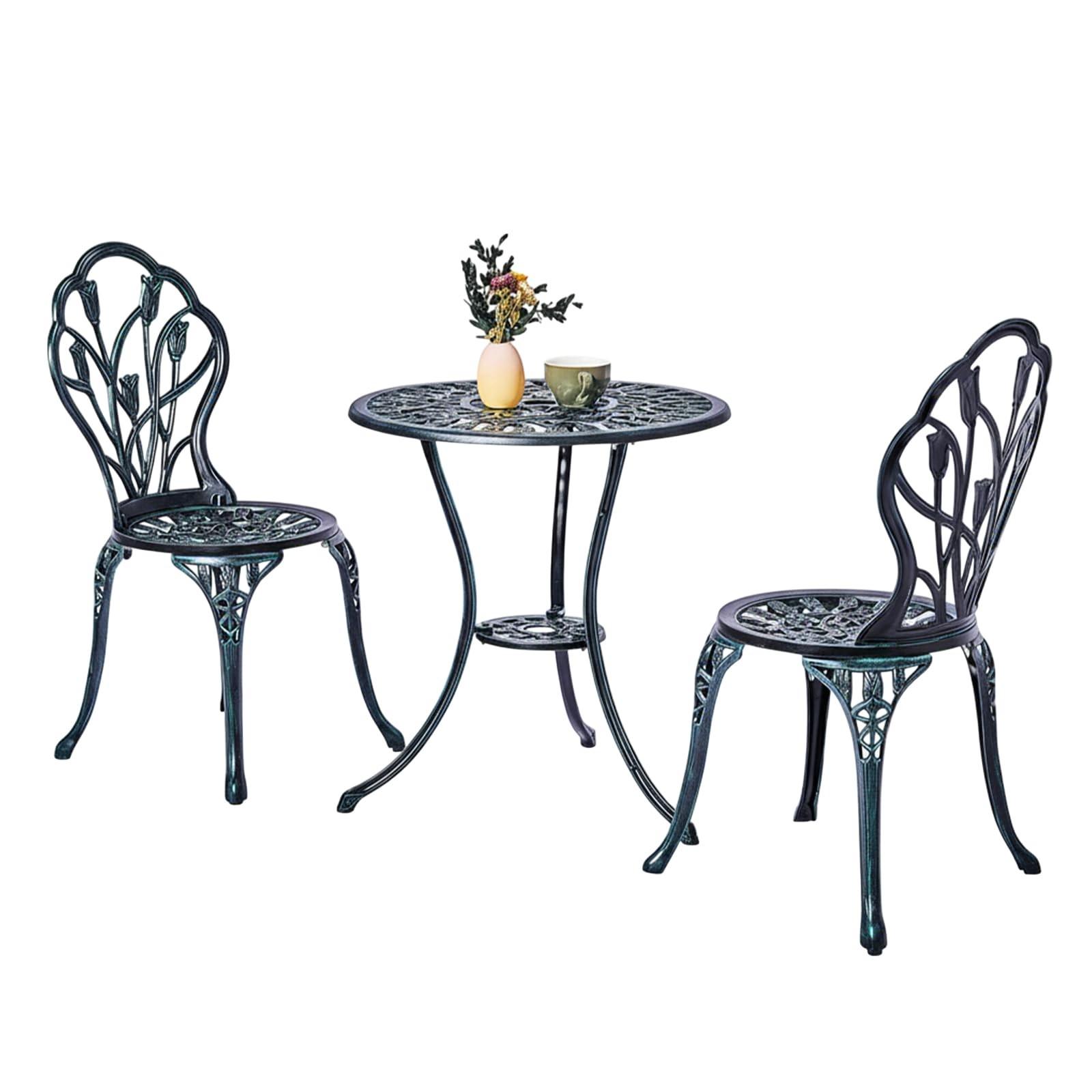 Patio Table and Chairs Set, Cast Aluminum Outdoor Cafe Table and Chairs Set of 3