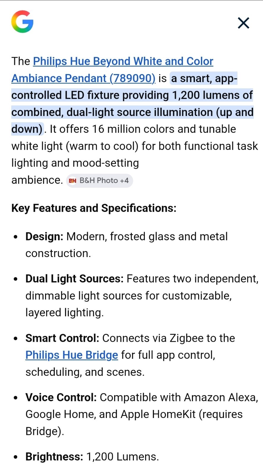The Philips Hue Beyond White and Color Ambiance Smart Pendant Light.