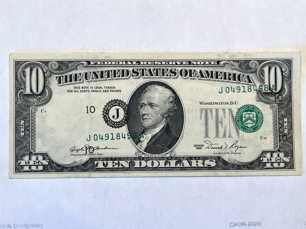 rare $10 dollar bill major side shift 1981