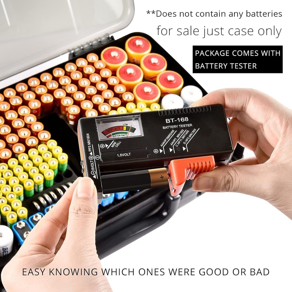 Battery Organizer Box with Tester for 269 Batteries, Grey Storage Solution
