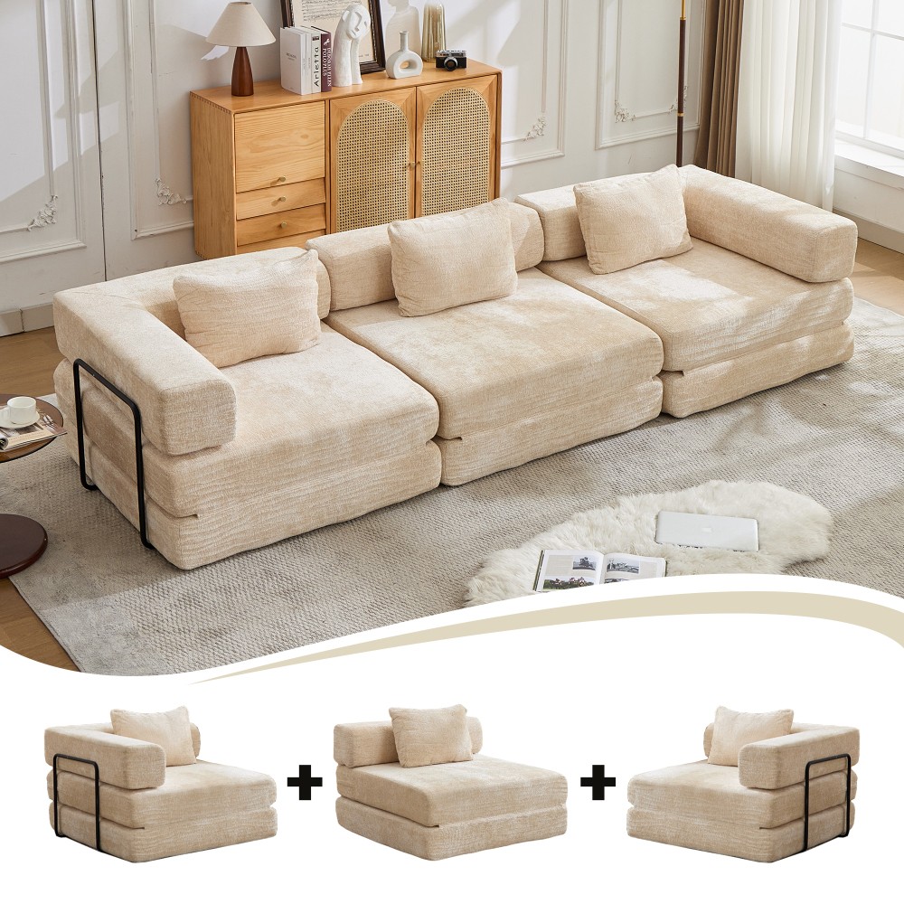 Convertible Floor Sofa Bed w/Fixed Frame, Chenille, Beige, No Assembly