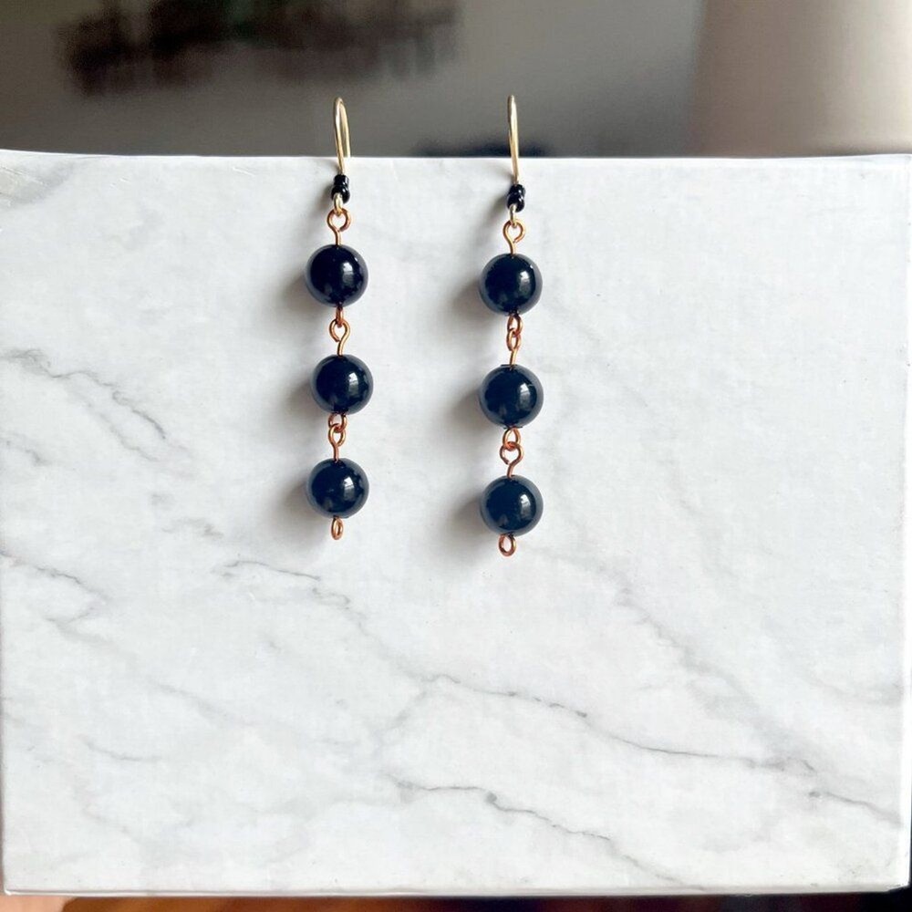 Black Round Bead Dangle Drop Earrings
