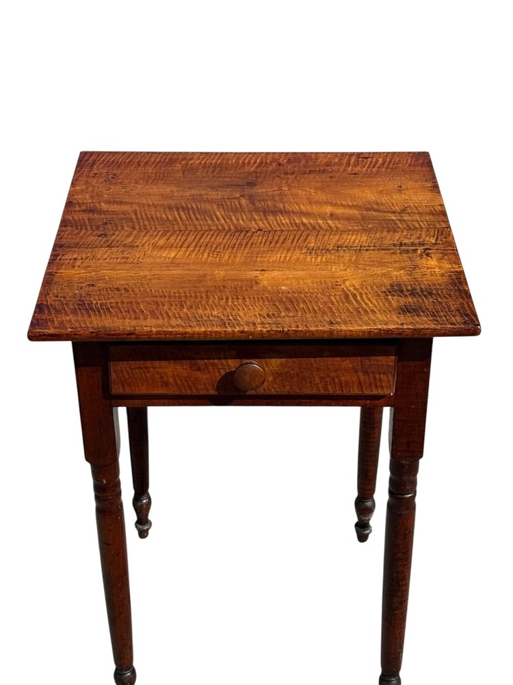 Antique tiger maple side table work stand 1 drawer sheraton 1820