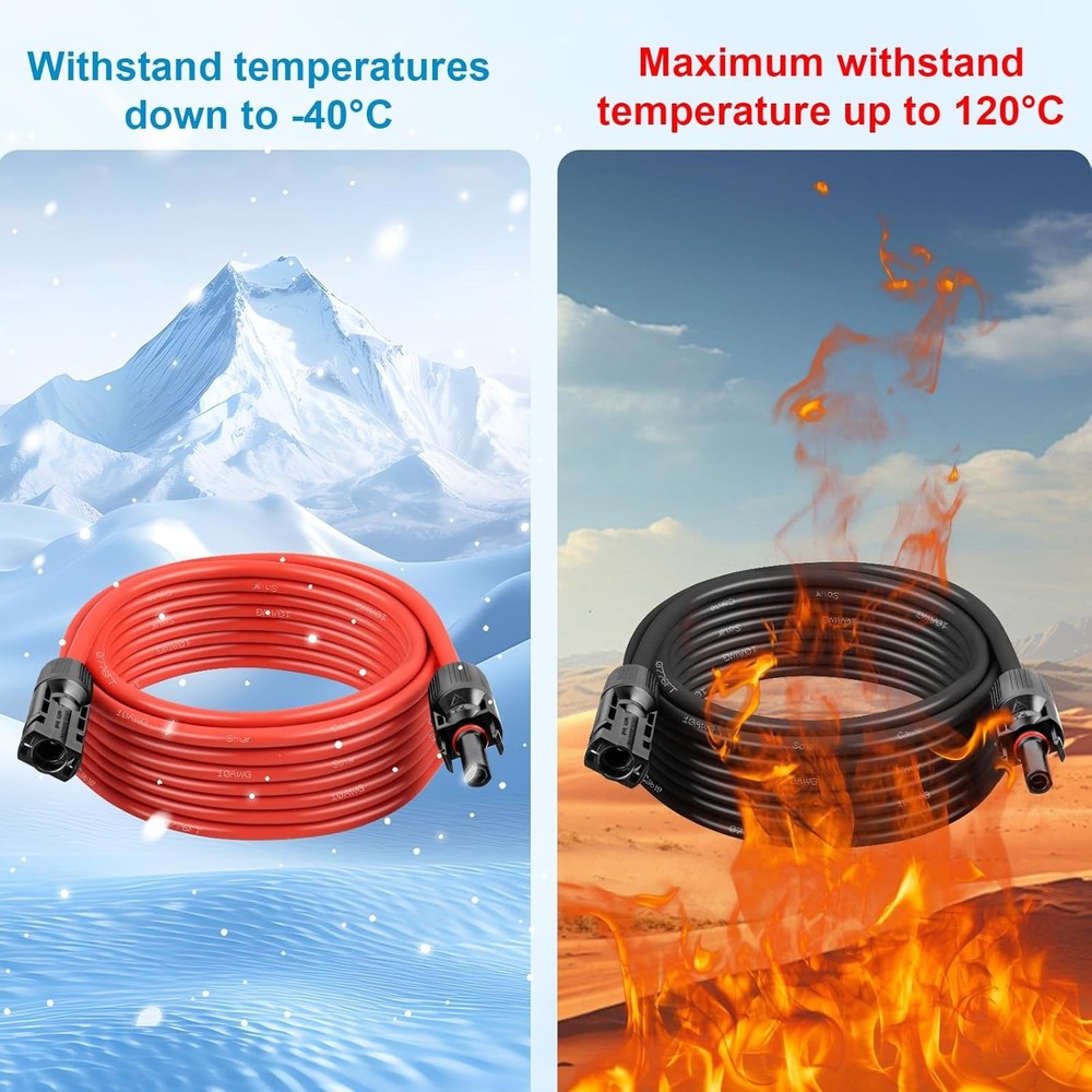 Solar Panel Extension Cable - 10AWG 20FT Wire with Female &