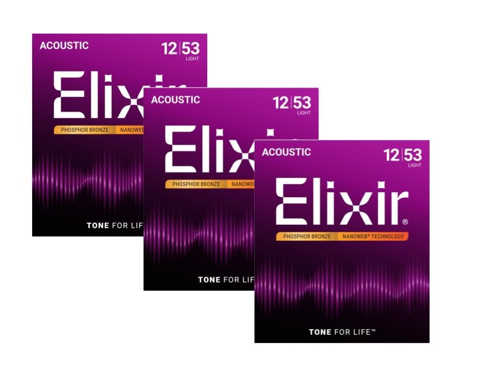 *3 SETS ELIXIR 16052 NANOWEB ACOUSTIC GUITAR STRINGS LIGHT 12-53 PHOSPHOR BRONZE