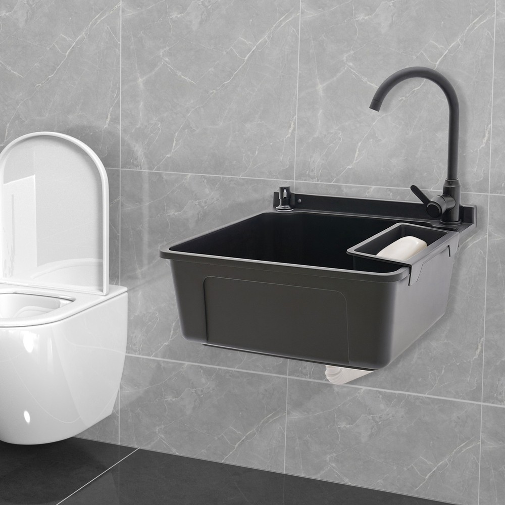 Wall-Mounted Bathroom Sink, Modern Laundry Sink, Rectangular Utility Sink Black