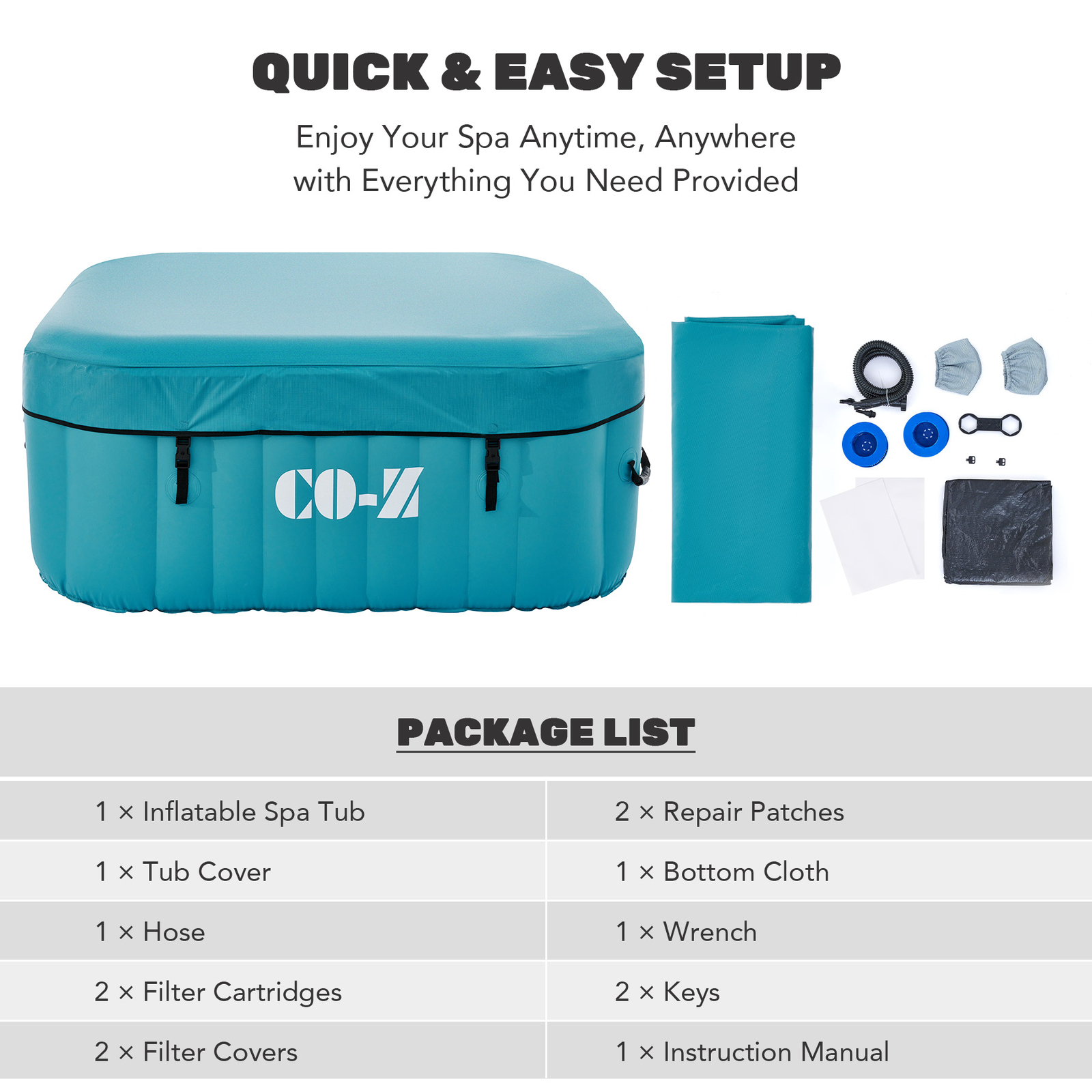 CO-Z Inflatable Spa Tub w 120 Air Jets Heater Air Pump Outdoor Square Hot Tub