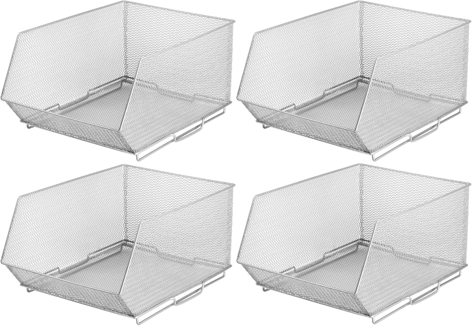 Silver Large Metal Wire Mesh Stacking Bin for Kitchen & Pantry Storage