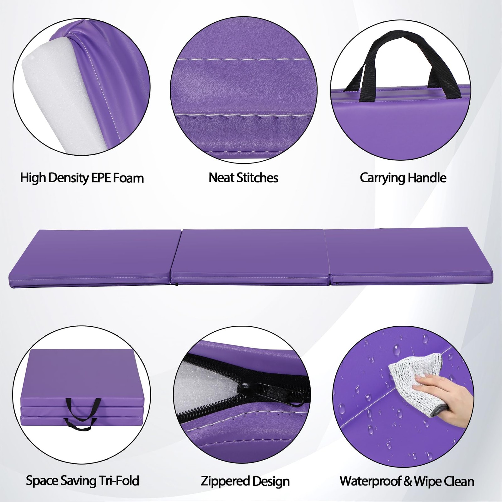 2.2in Extra Thick Tri-fold Folding Gym Mat with Carrying Handles Purple