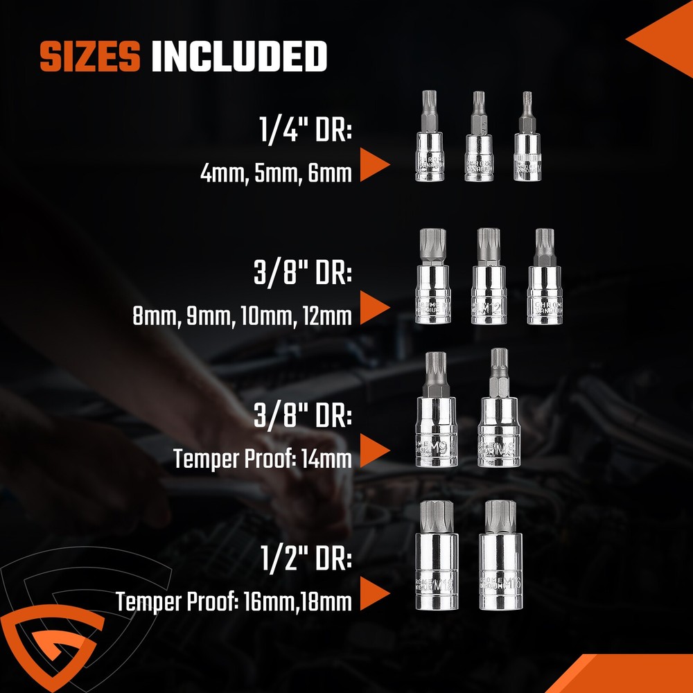 Bit Socket Set 12 Point MM Triple Square Spline Bit Set 1/4