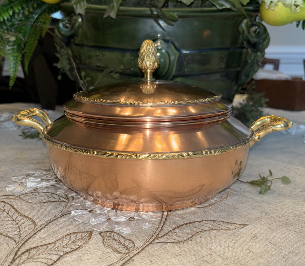 Solid Copper Serving Dish w/ Brass Pinecone Finial/Handles~Preowned