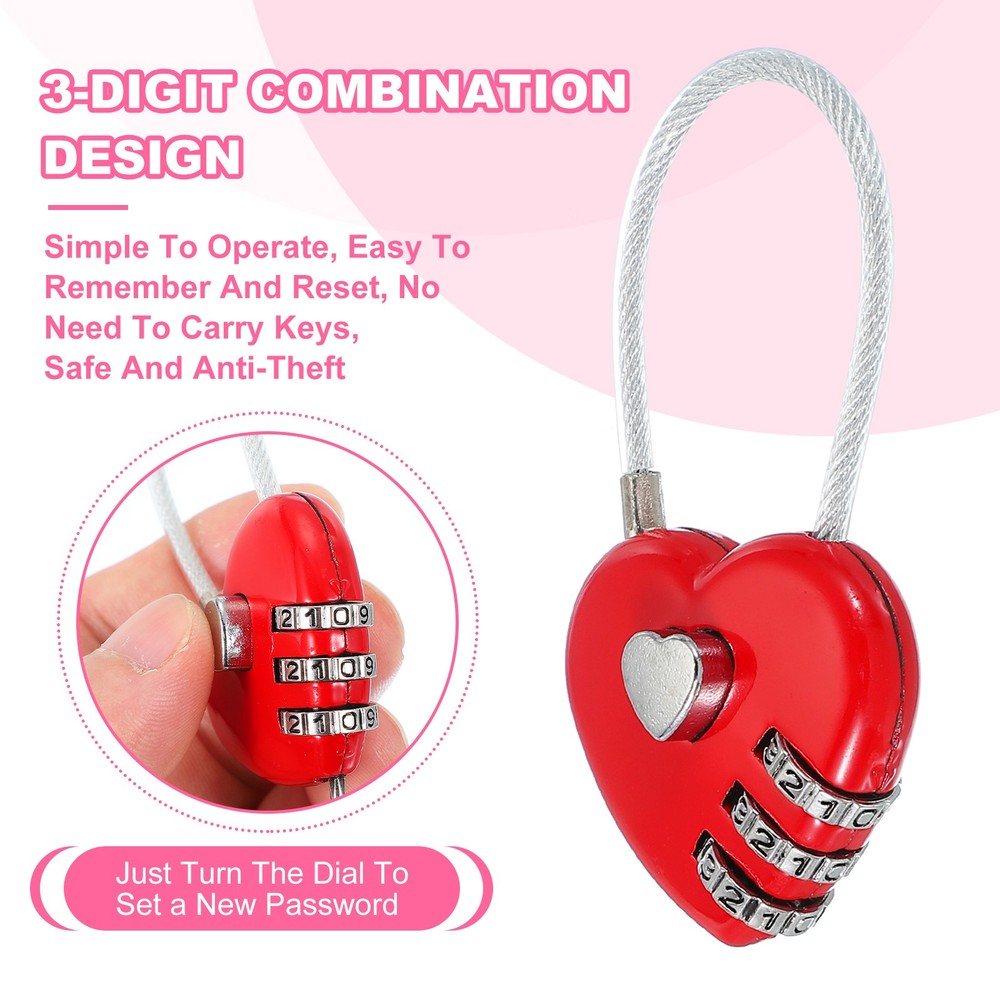 3Pack Heart Padlock Heart Shape Love Lock Combination Lock Locker Locks Red