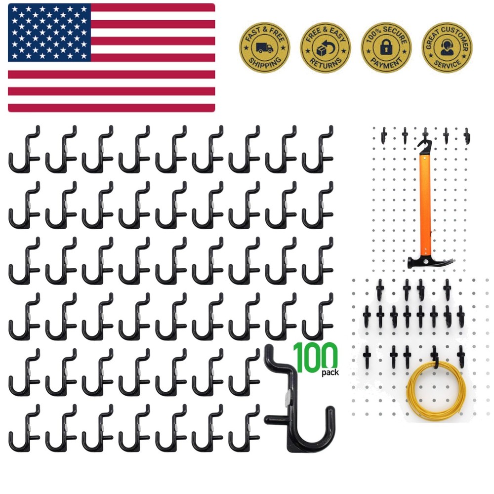 Pegboard Hooks Kit Pegboard J Hook Assortment 100PK Black Peg Hooks