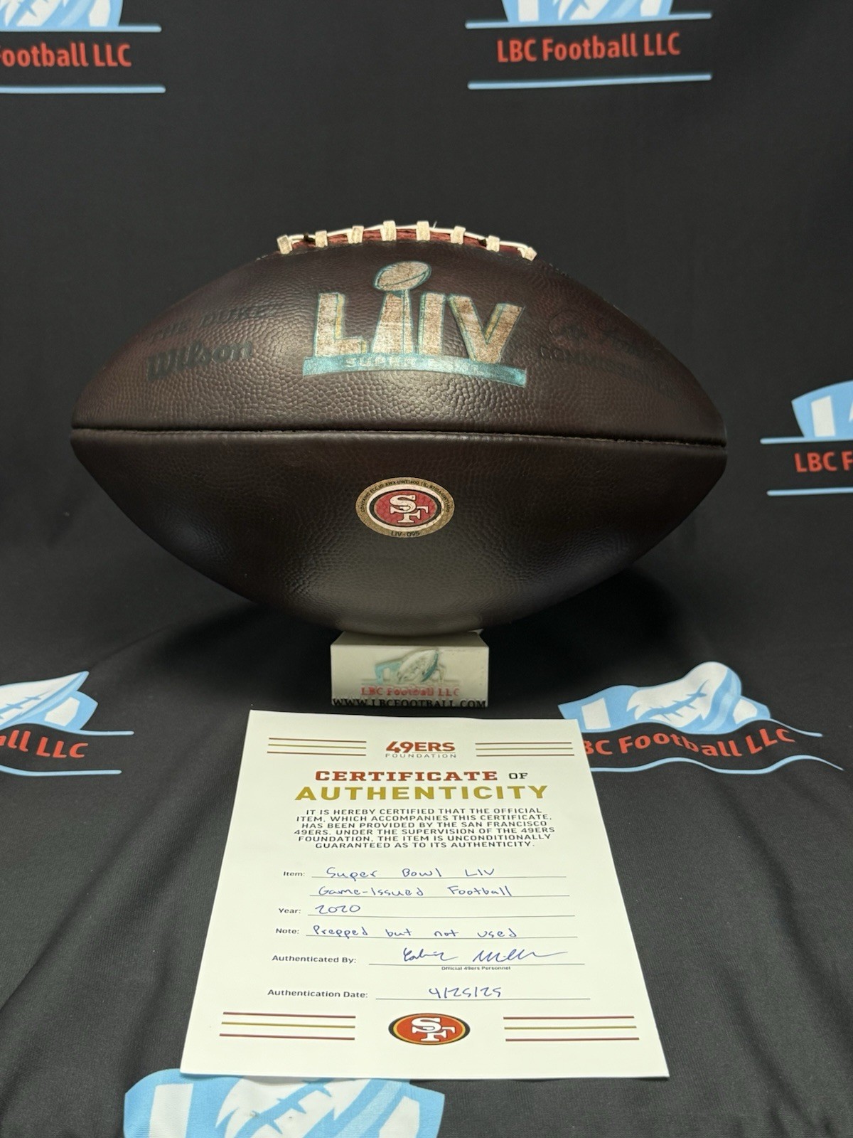 San Francisco 49ers Game Issued Super Bowl LIV Game Ball# 095 w/ 49ers COA