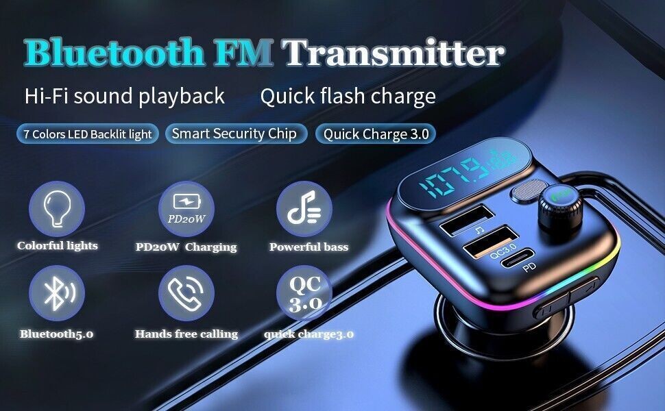 Bluetooth 5.0 FM Transmitter Car Adapter 18W PD & QC 3.0 USB C Support USB Drive