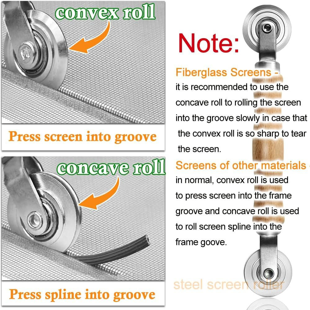 Screen Repair Kit, Screen Roller Tool, Steel Roller with Bear+32Ft Screen Spline