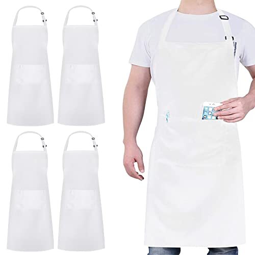 4 Packs Chef Apron, Waterproof Apron, Adjustable Apron Polyester Blend White