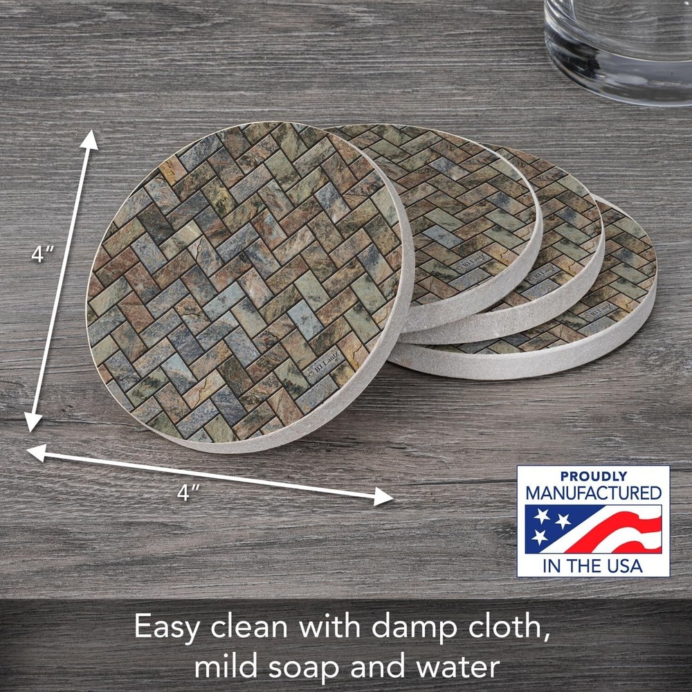 Stone Herringbone Pattern Natural Sandstone Coaster 4 Pack, Absorbent