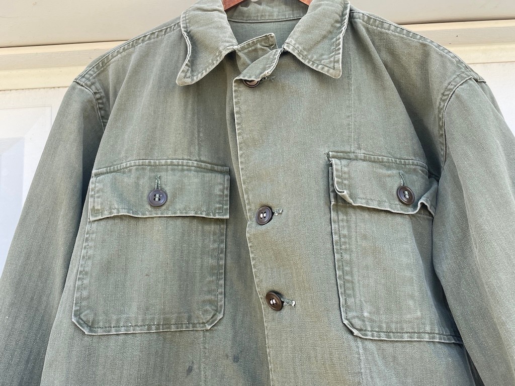 VTG WW2 US Military Army green button field shirt jacket HBT OG 107 Poplin WWII