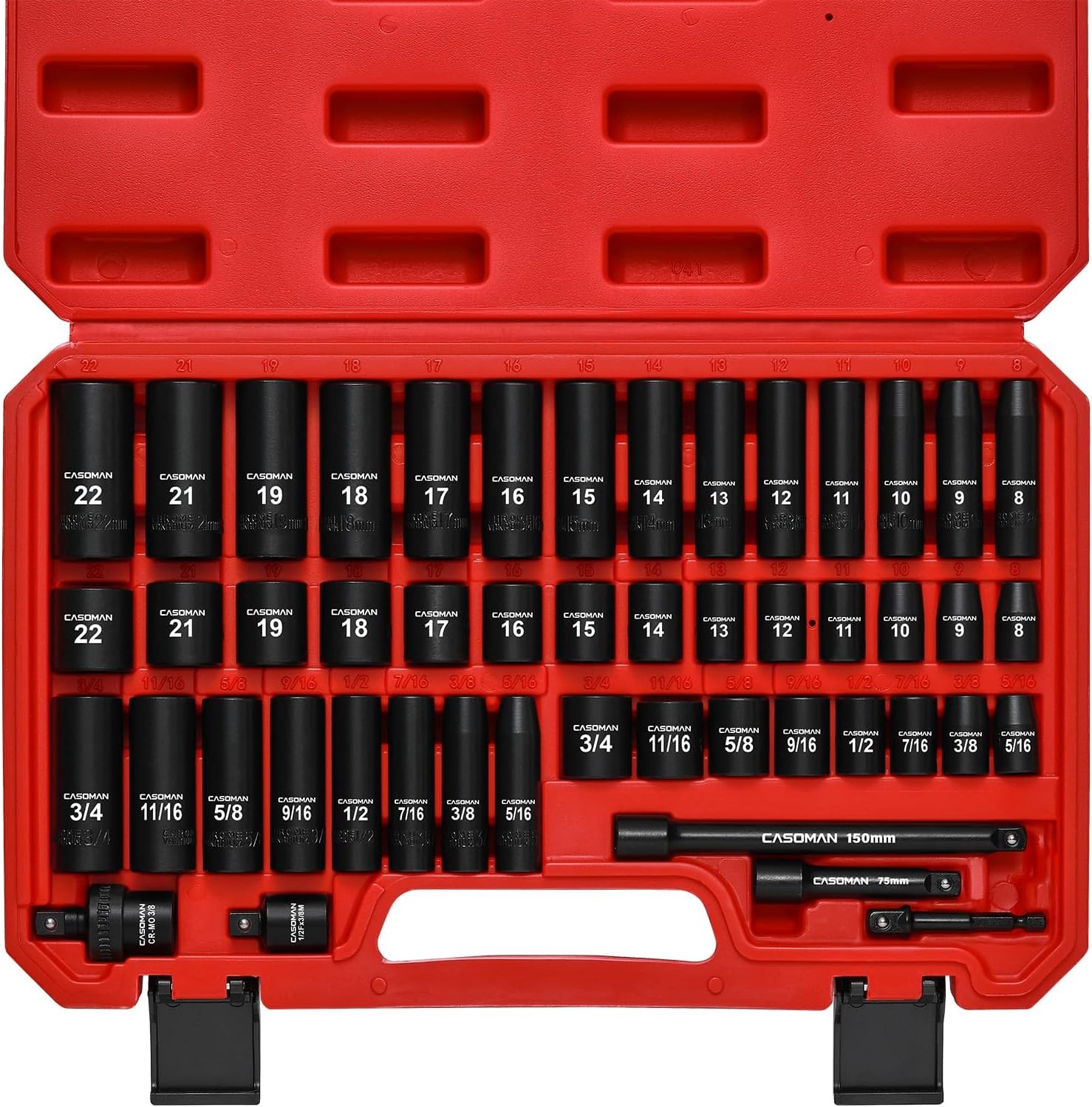CASOMAN 3/8" Drive Impact Socket Set, 49 PCS (5/16-Inch to 3/4-Inch and 8-22 mm)