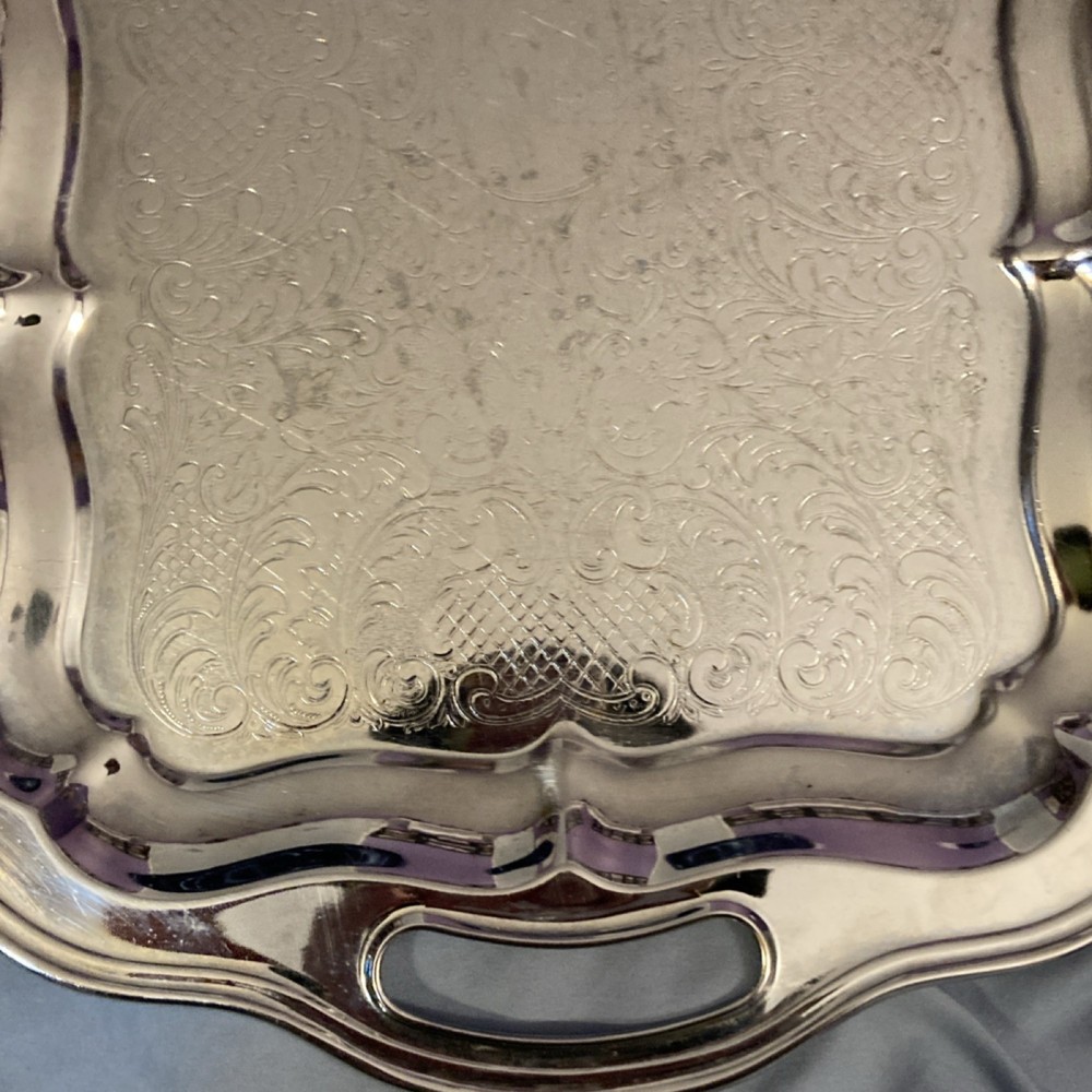 Silver-Plated Ornate Rectangular Serving Tray with Handles, 20 Inches