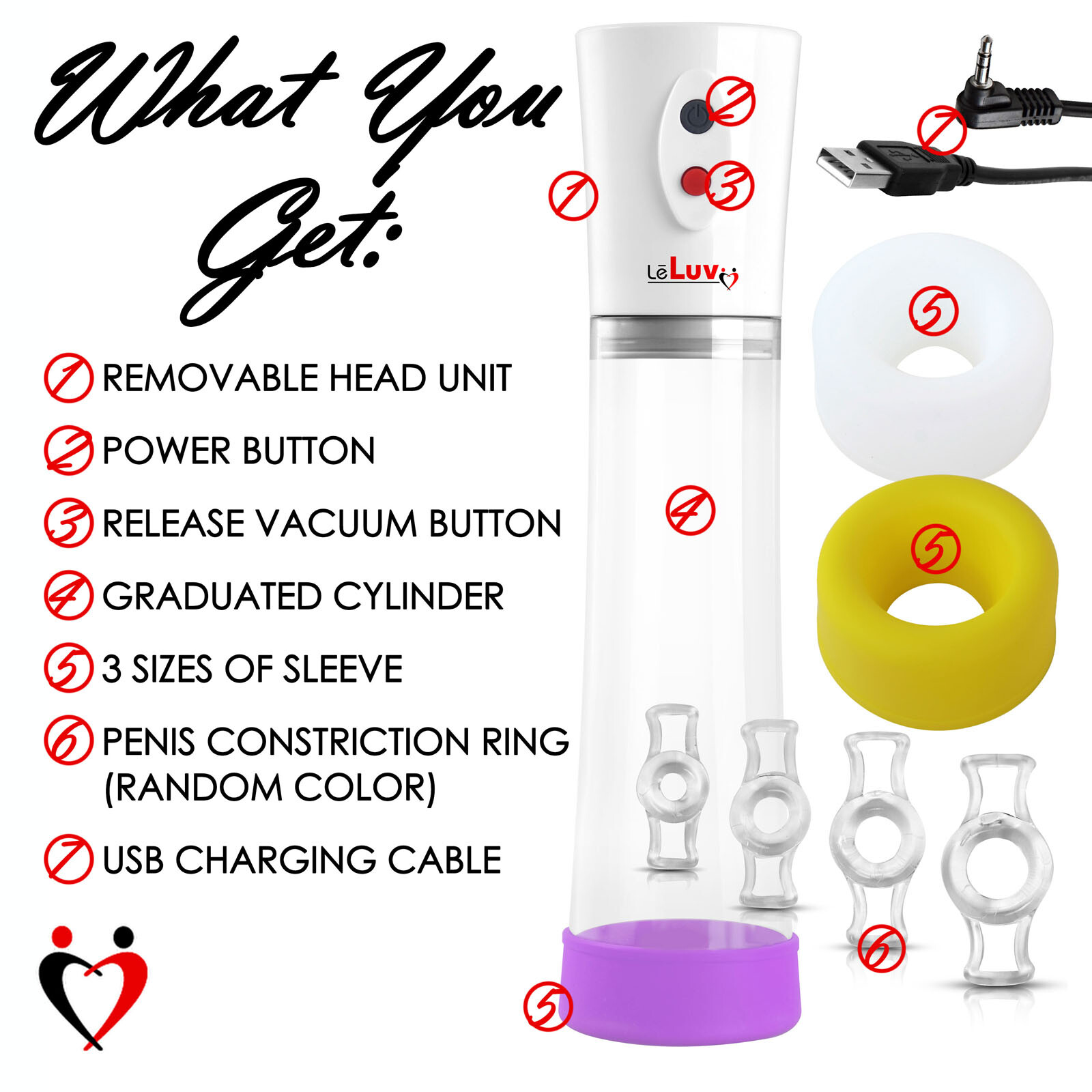LeLuv Eros Electric Penis Pump with 3 Sizes of Sleeve and 4 Constriction Rings