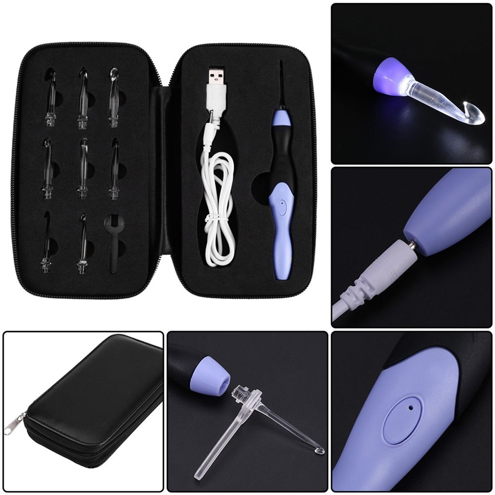 USB Rechargeable LED Light Up Crochet Hook Set Knitting Tool with Replaceable