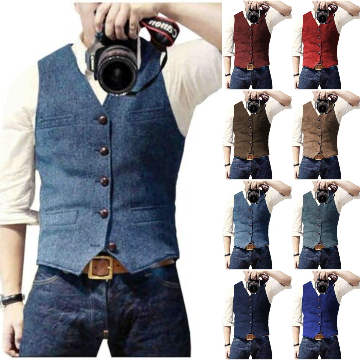 Mens Tweed Vest Retro Herringbone Western Cowboy Groom Formal Dress Waistcoat