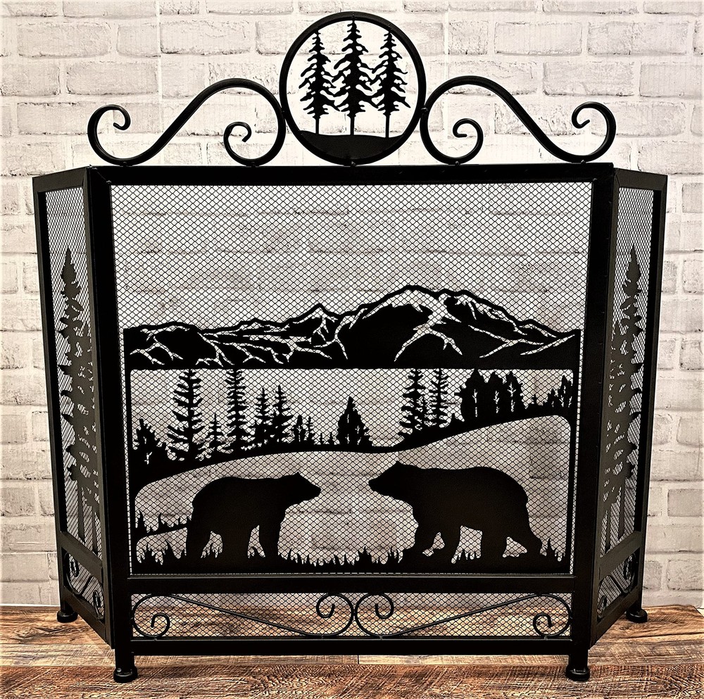 3-Panel Fireplace Screen with Strolling Mama Bear and Cub Design