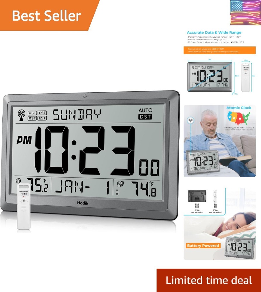 Wall Clock Atomic with Indoor Outdoor Temperature Battery Powered, Easy Readi...