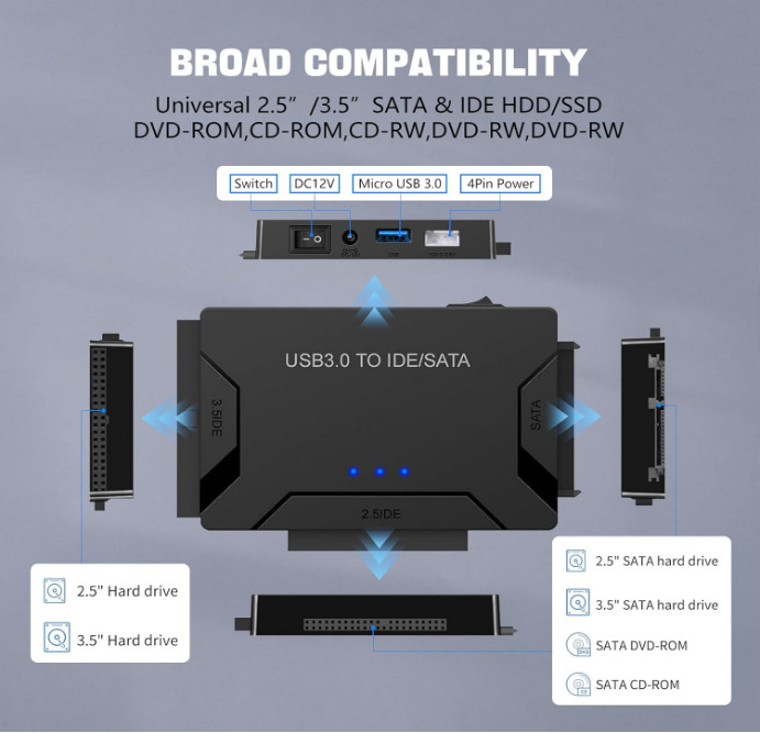 Hard Drive Reader USB 3.0 SATA IDE Adapter Universal External Data Recovery Kit
