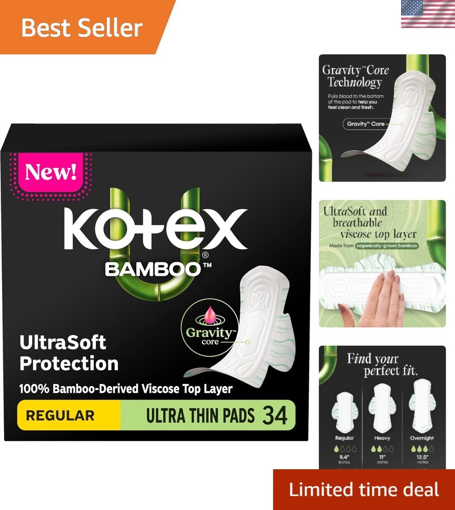 Bamboo Ultra Thin Pads with Wings, Regular Absorbency, 34 Count Packaging May...