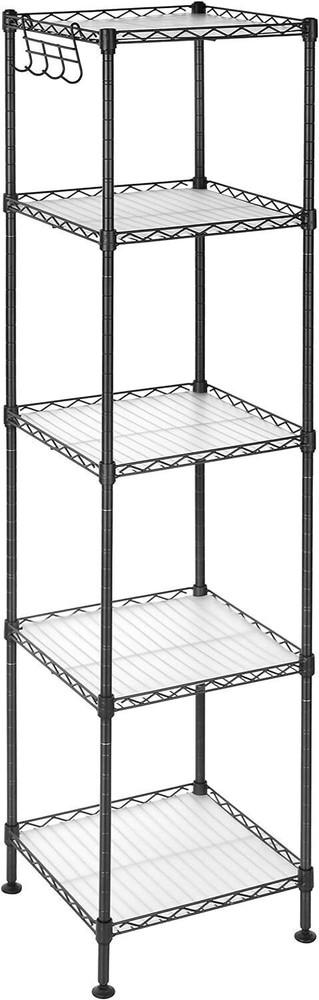 Bathroom Shelf Storage Rack W/ 5 PP Sheets Removable Hooks Extendable Black New