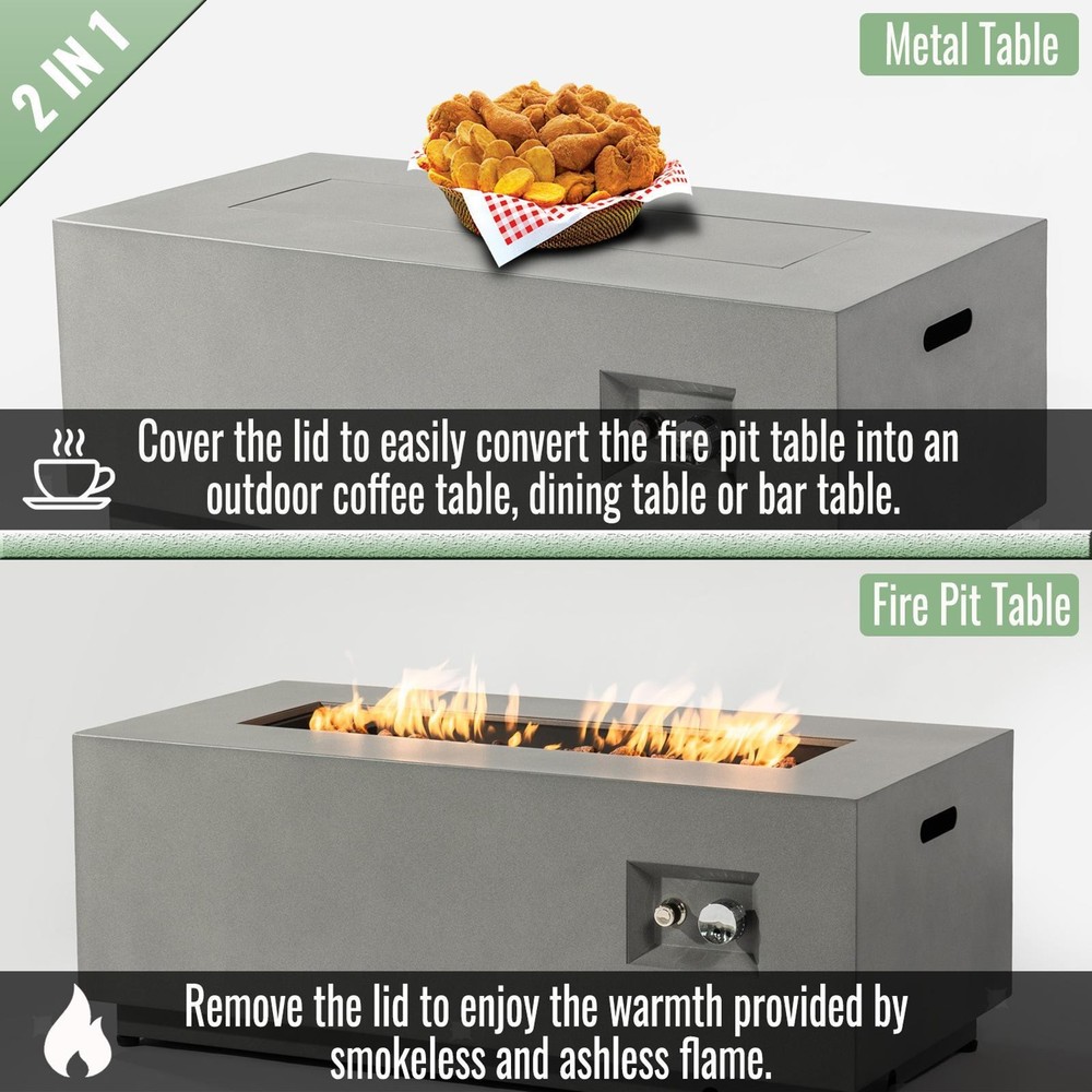42" Propane Gas Fire Pit Table 2-Pieces, 50000 BTU Rectangular Steel Fire Pit