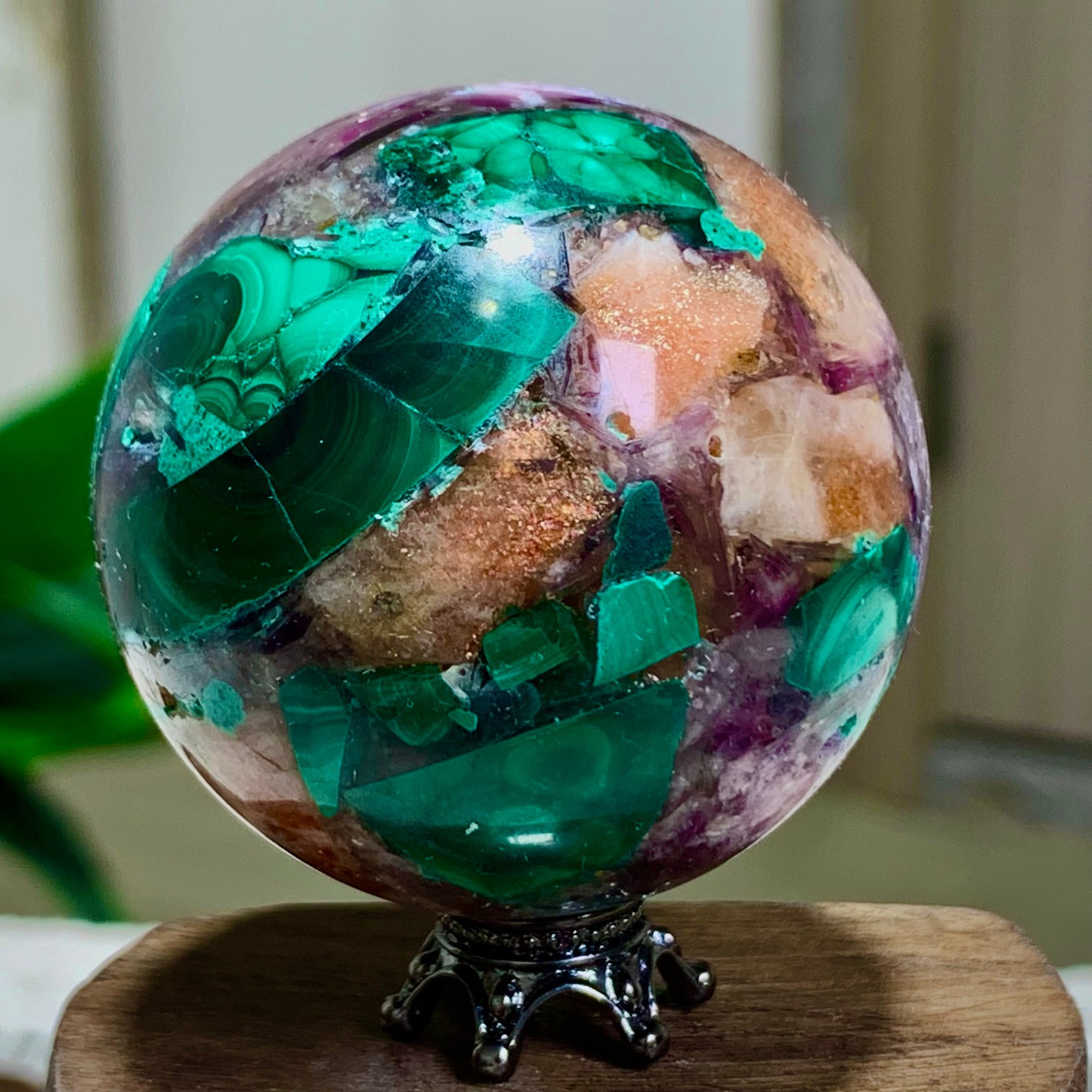 117G Newly discovered rare malachite purple mica symbiotic sphere restoration