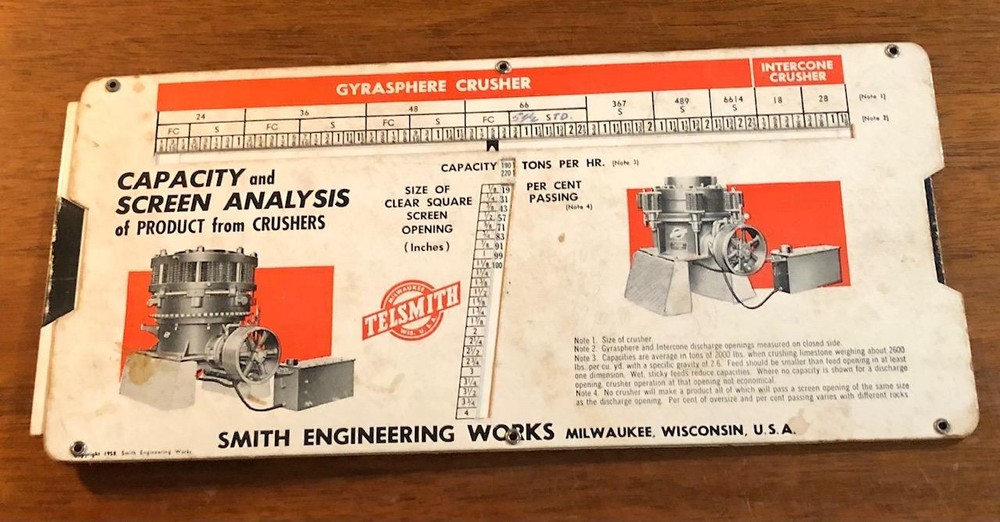 1958 Smith Engineering Works Capacity & Screen Analysis Size Chart