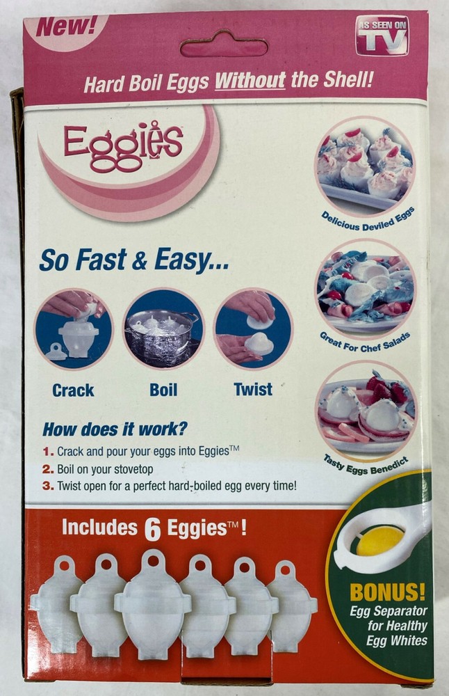 Eggies - Hard Boiled Eggs without the Shell - 6 cookers plus egg separator, NEW