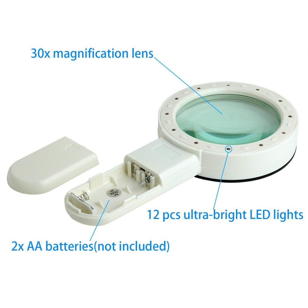 TMANGO Magnifying Glass with Light, 30X Handheld Large White