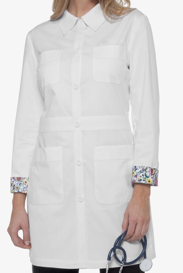 KOI FINE TWILL WOMENS 35 ¾" 4-POCKETS LAB COAT IN WHITE IN ALL SIZES STYLE # 491