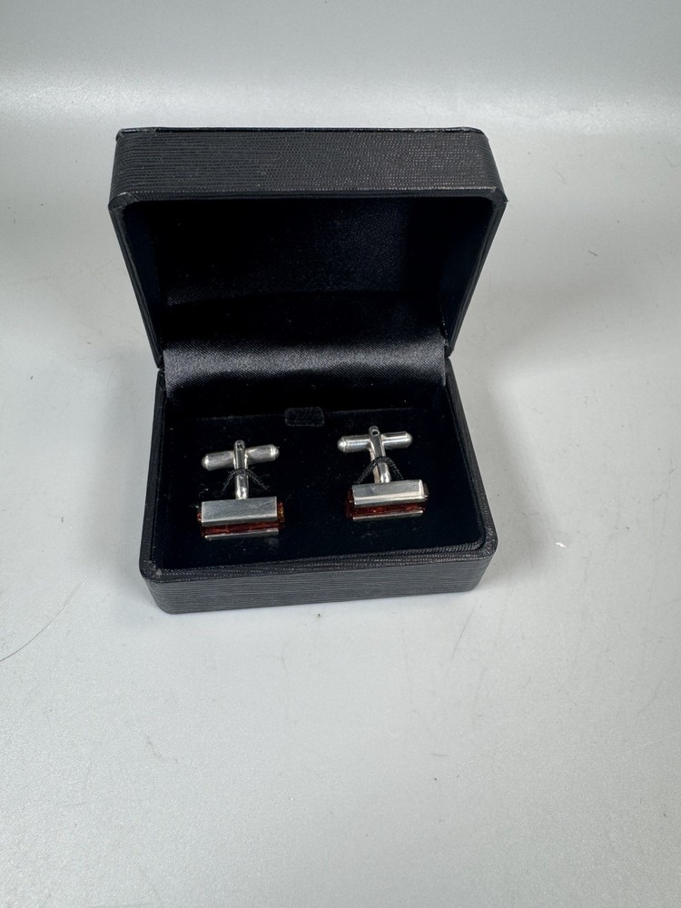 Sterling Silver 925 Cufflinks with Baltic Amber Rectangular Design – New in Box