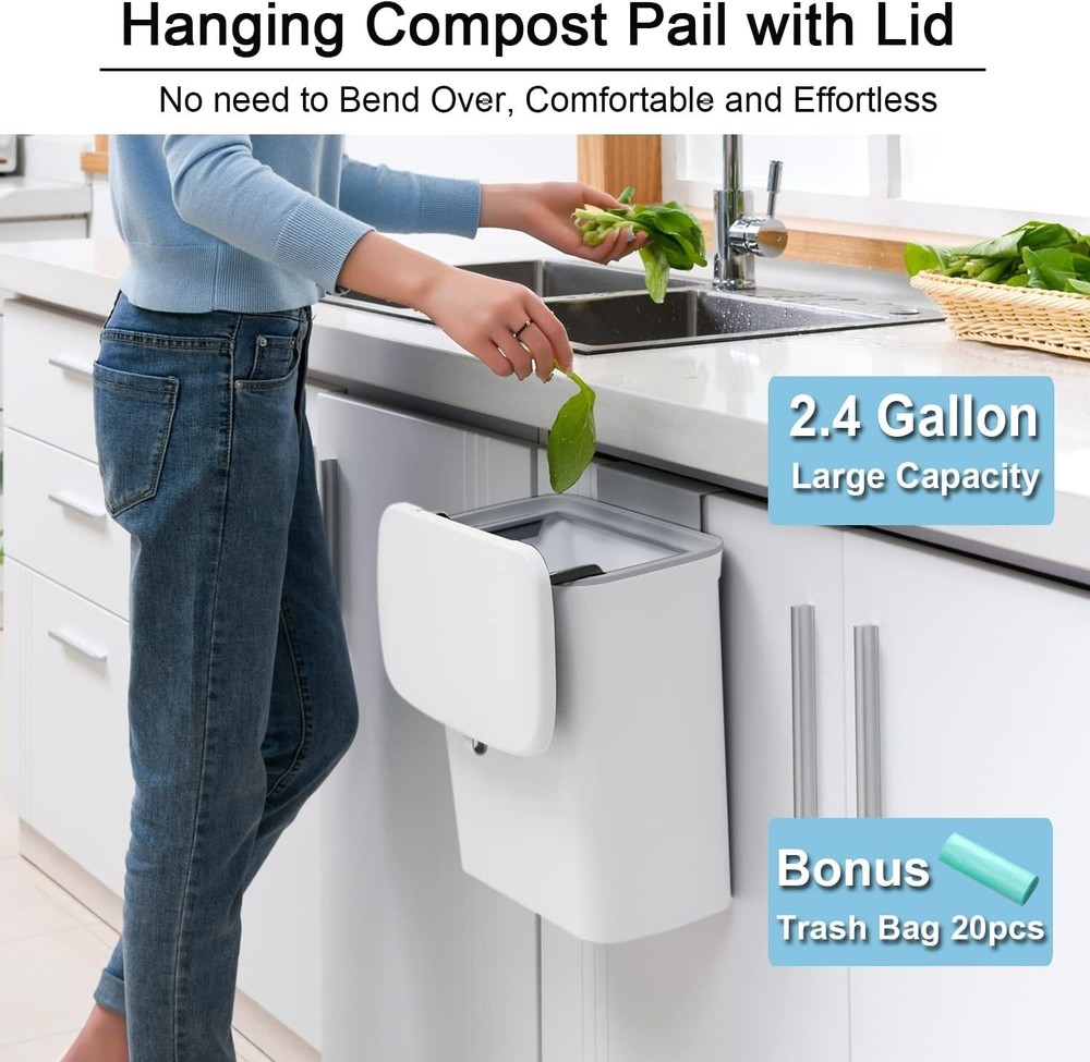 2.4 Gallon Odorless Kitchen Compost Bin - Wall-Mounting Convenience in White